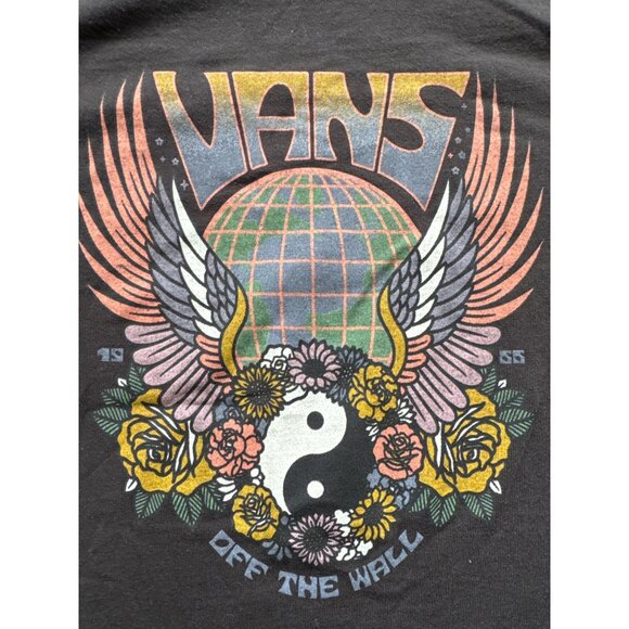 Vans X-Large Graphic Tee Yin Yang Wings Floral Design Black Short Sleeve Cotton - Picture 3 of 6